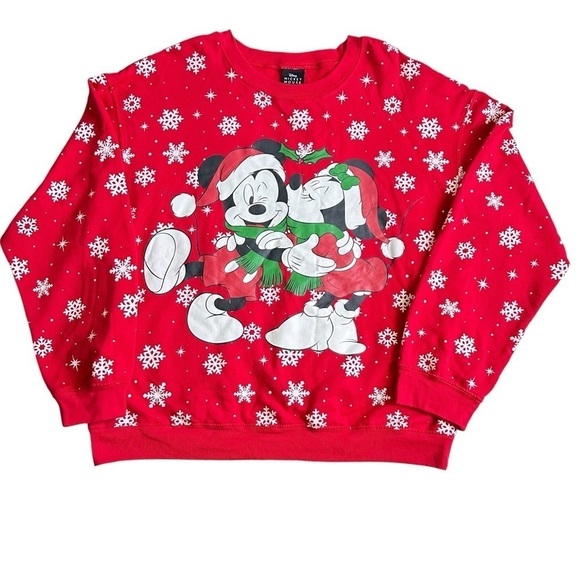 Disney Tops - Disney Mickey Minnie Snowflakes Holiday Graphic Sweatshirt Red Juniors XL
